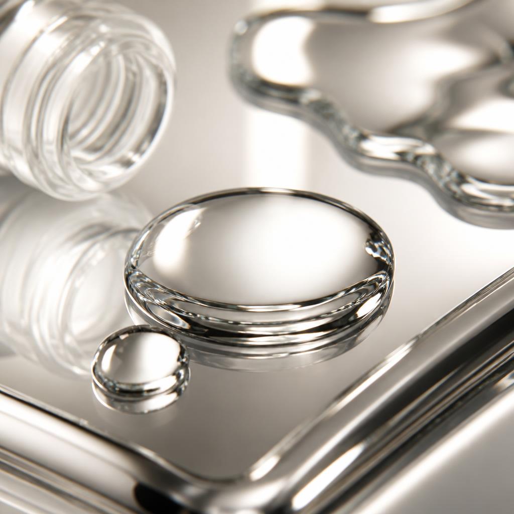 Clear reflective liquid beading on a mirrored chrome surface