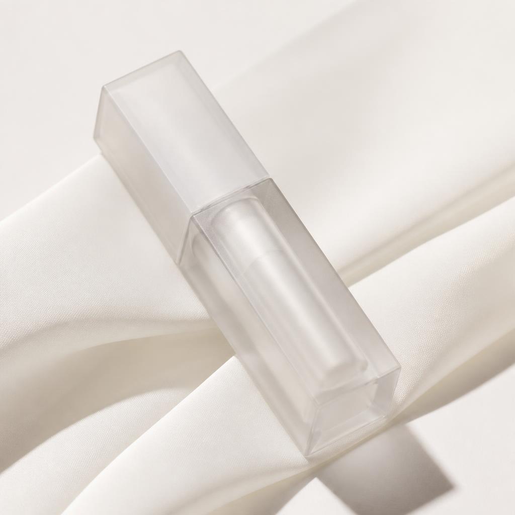 A frosted acrylic unbranded lip product silhouette on warm white