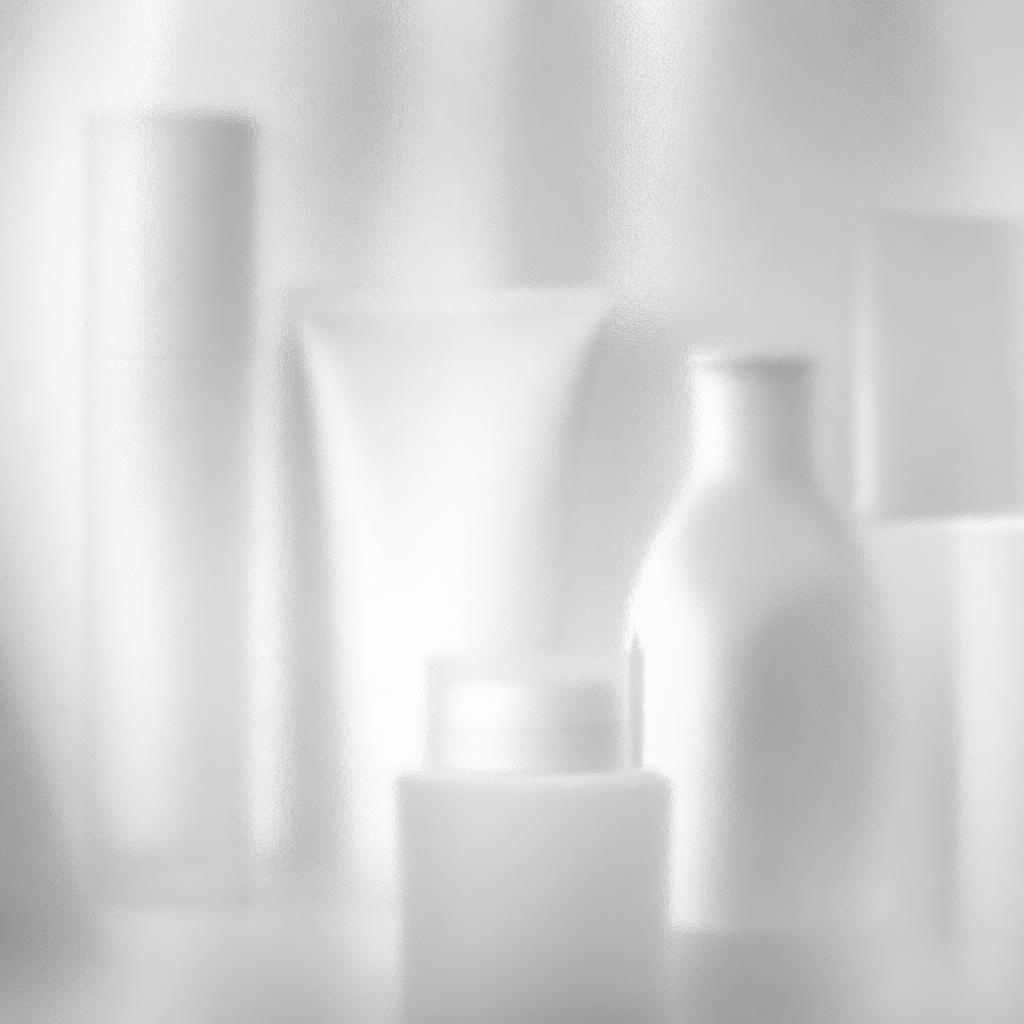 Blurred white packaging forms behind frosted glass