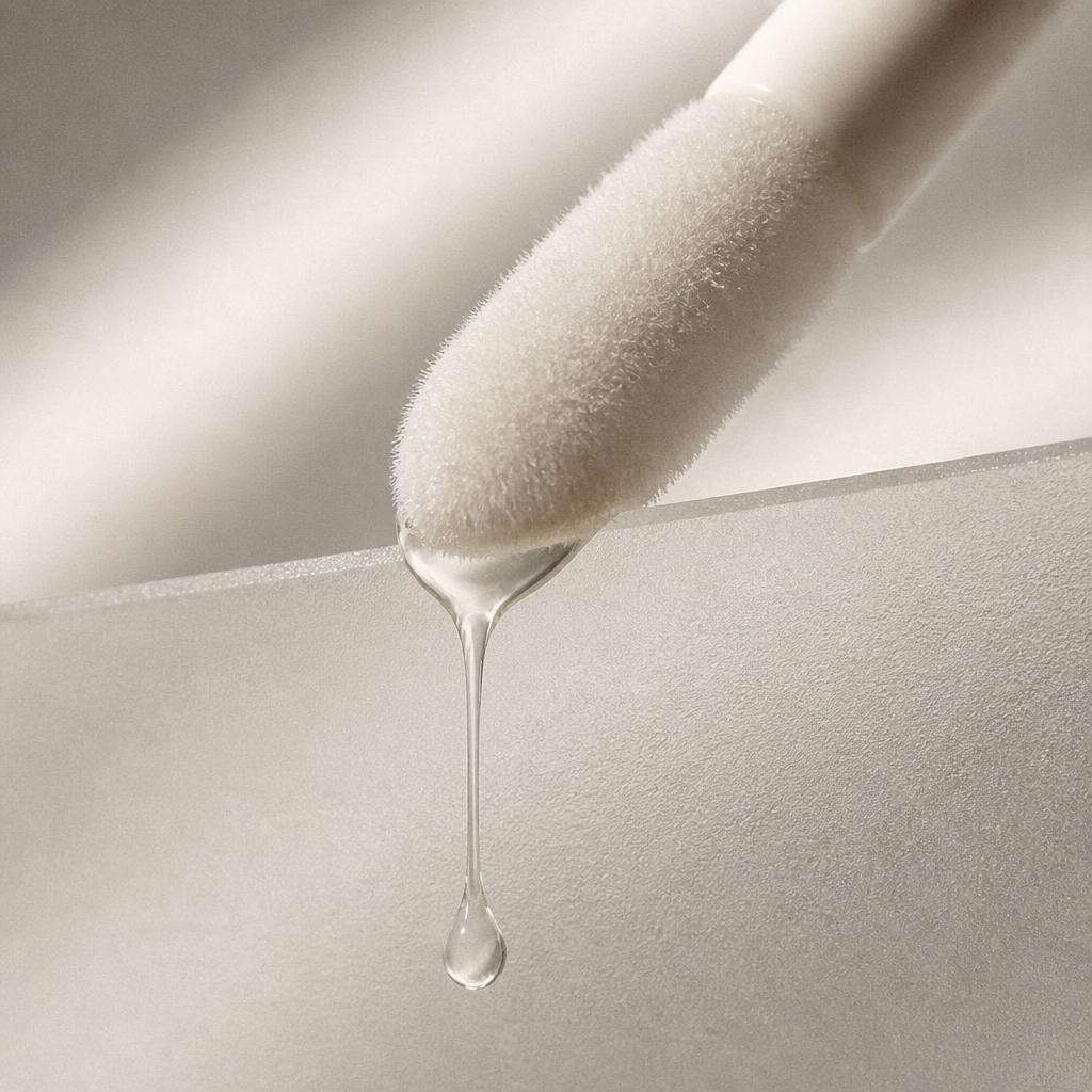 Macro shot of a plush unbranded doe-foot applicator with a clear droplet above frosted acrylic