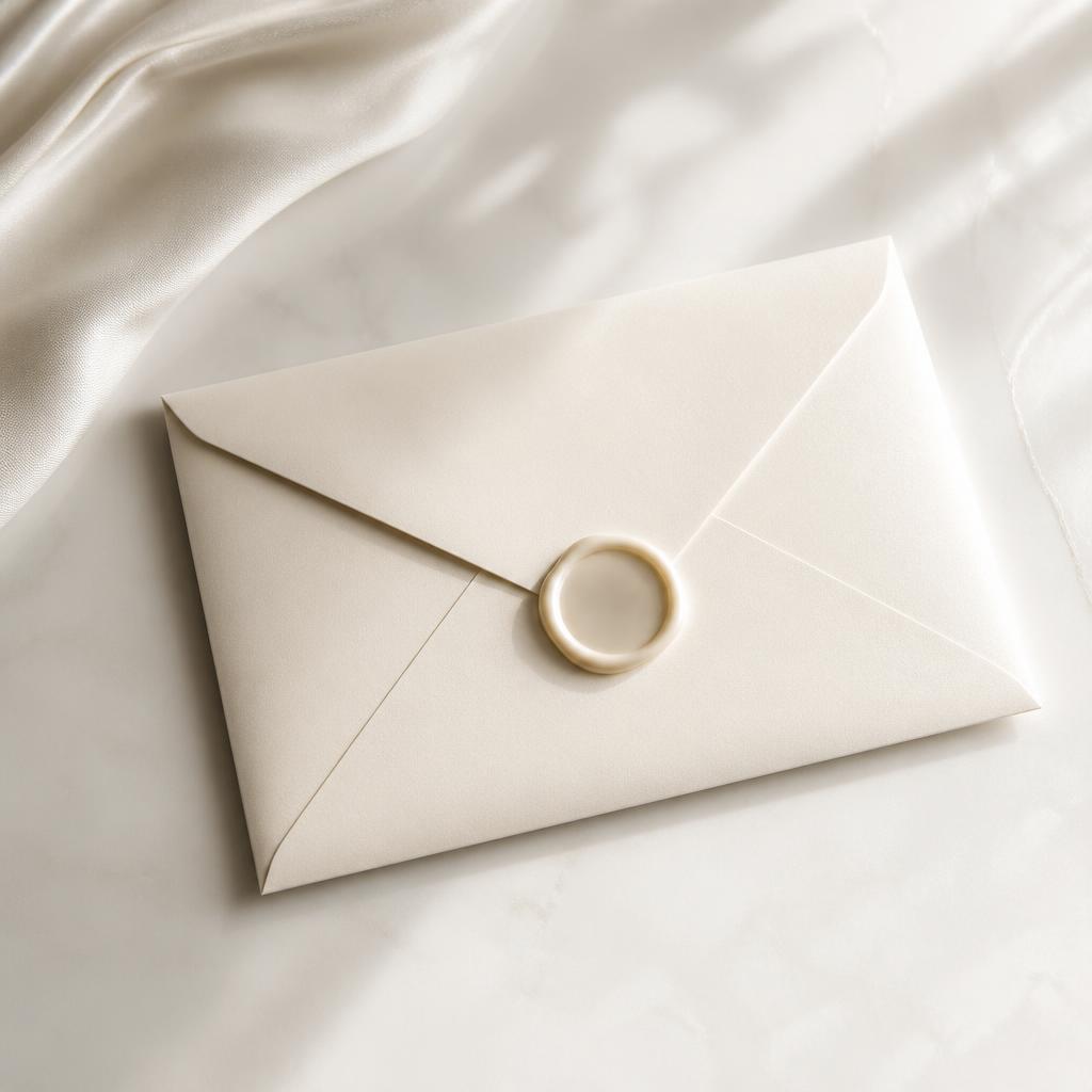 A sealed cream envelope on a pearl-white surface